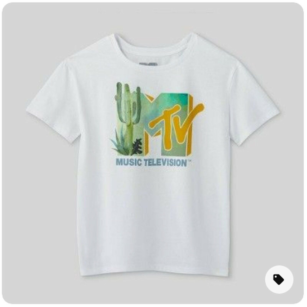 New NWT MTV White Crew Neck Cactus Short Sleeve Graphic T-Shirt Girls Juniors